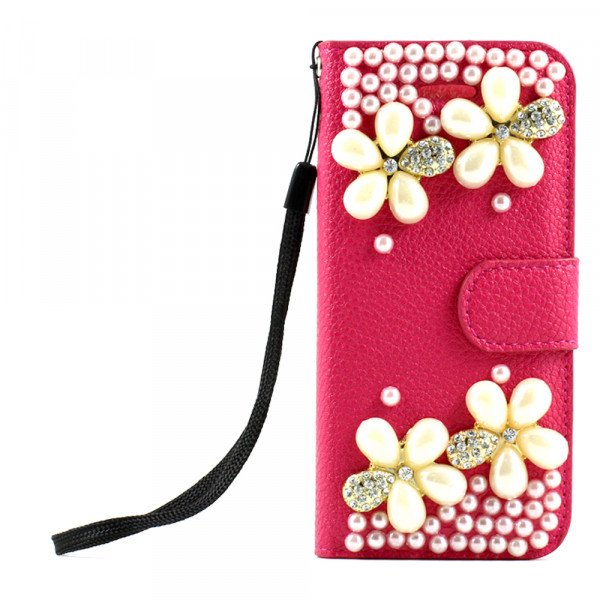 Wholesale iPhone 5 5S Crystal Flip Leather Wallet Case with Stand Strap (Four Flower Pink)